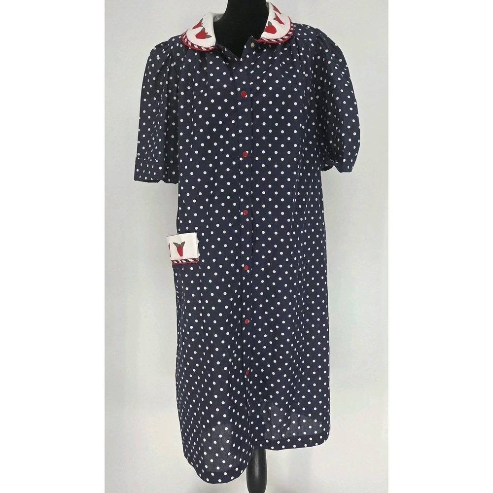 Vtg Models Coat Apple House Dress‎ Medium Navy Polka Dot Snap Down